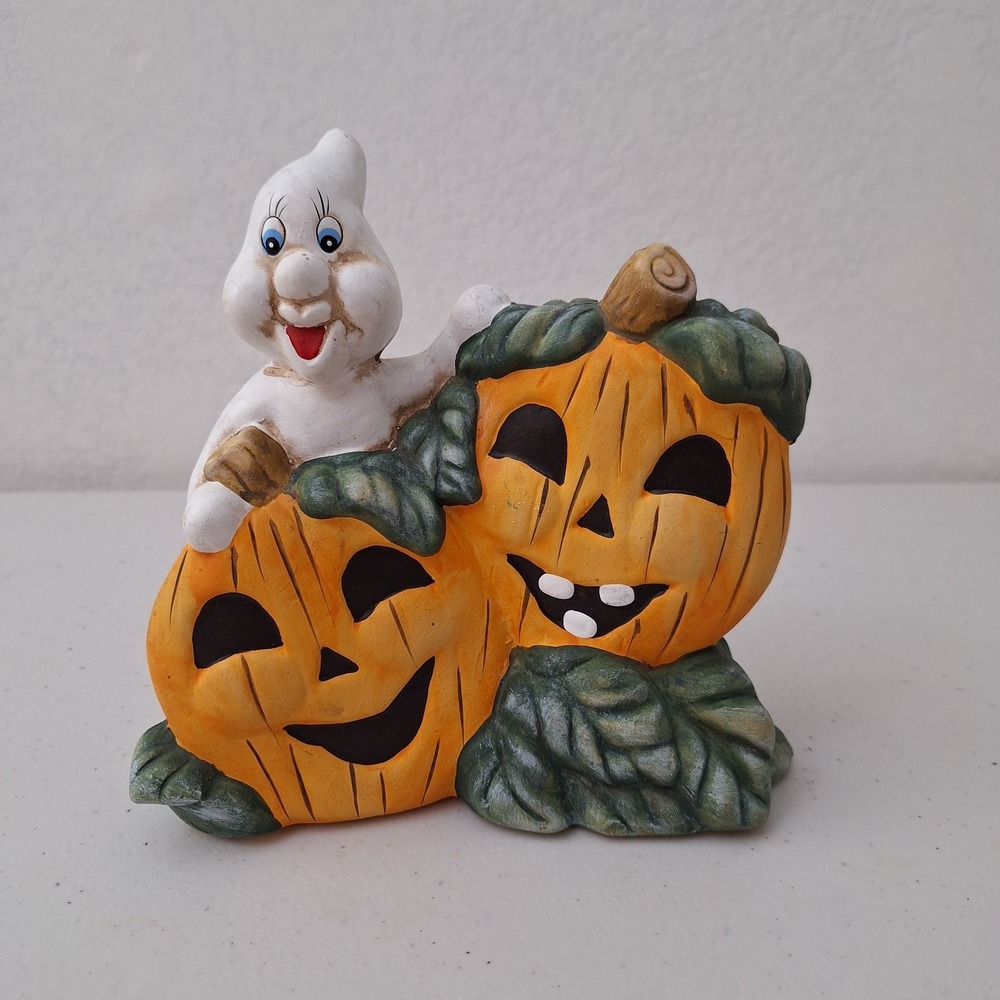 Vintage MCM Ghost & Pumpkins Halloween Decor Hand Painted Ceramic 6"